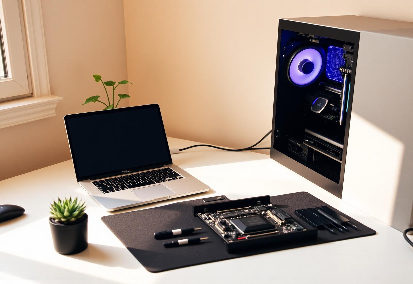 Mesa de trabajo de servicio técnico con MacBook, computadora y herramientas